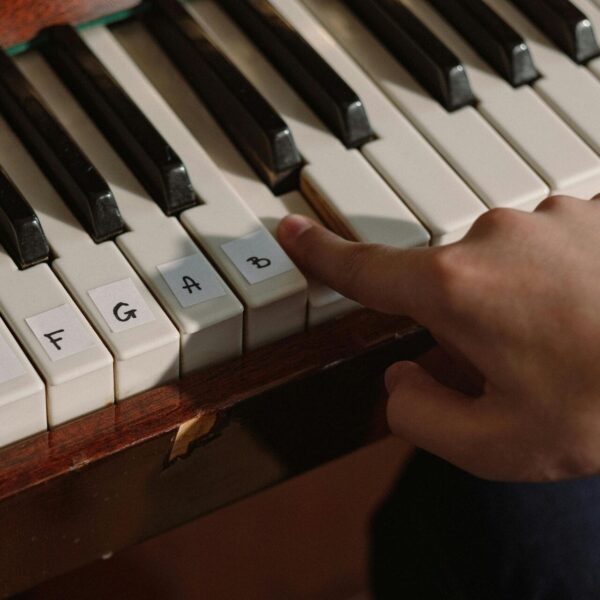 Piano keys labelled as FGAB with a finger on key C
