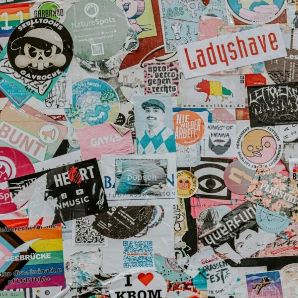 Lots of cuttings of images and text overlaying each other
