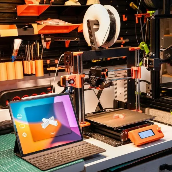 a laptop computer feeding information into a 3D printer