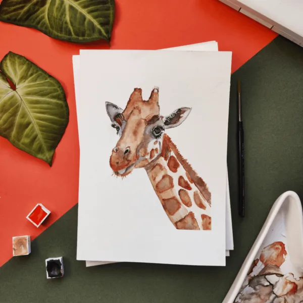 A painting of a giraffe's neck and head