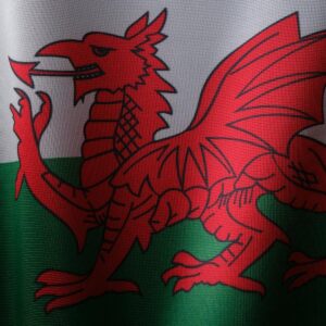 Detailed close-up of the Welsh flag featuring the iconic red dragon symbol.