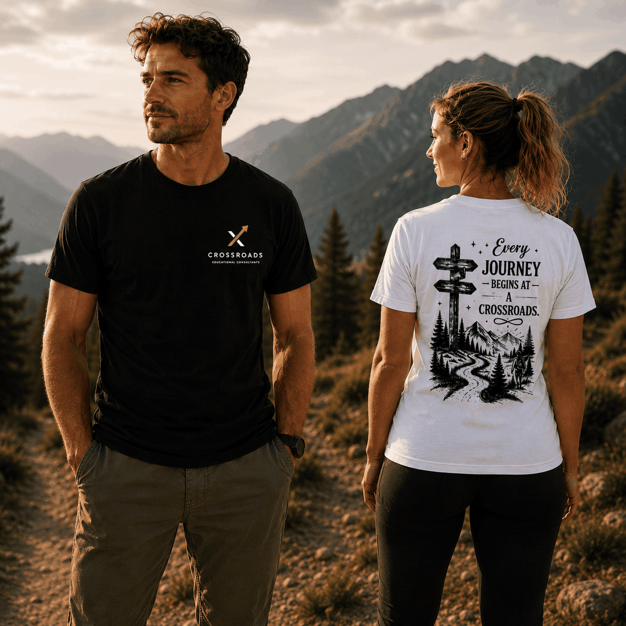 crossroads adult t-shirts worn by a man and a women