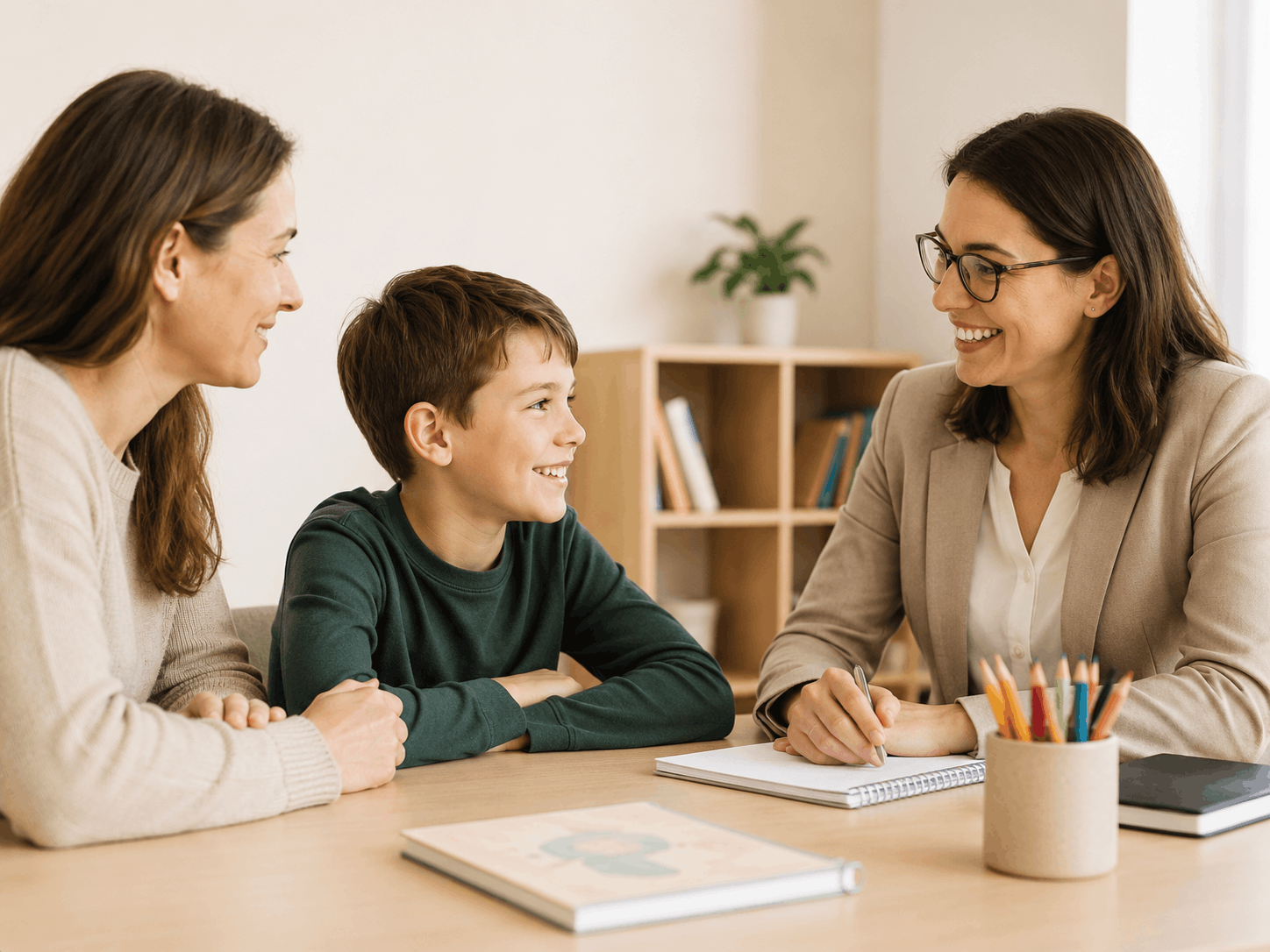 Young boy at home with parent and teacher