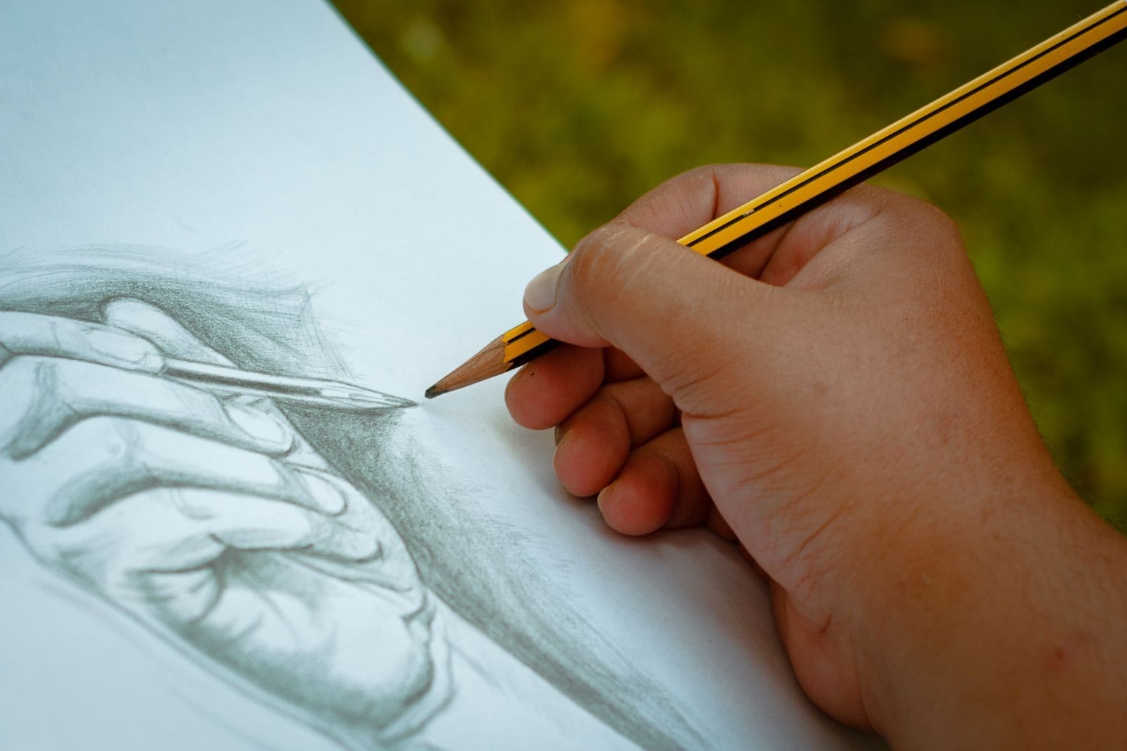 A close-up view of a hand sketching with a pencil on paper. Ideal outdoor art scene.